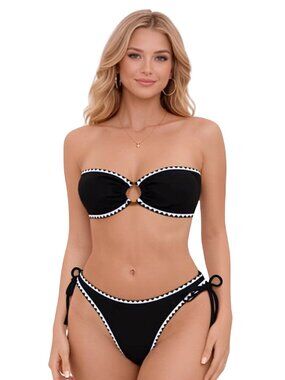 A14 Medium Black Strapless Bandeau Bikini O Ring Detail Top High Cut Bottom NWOT